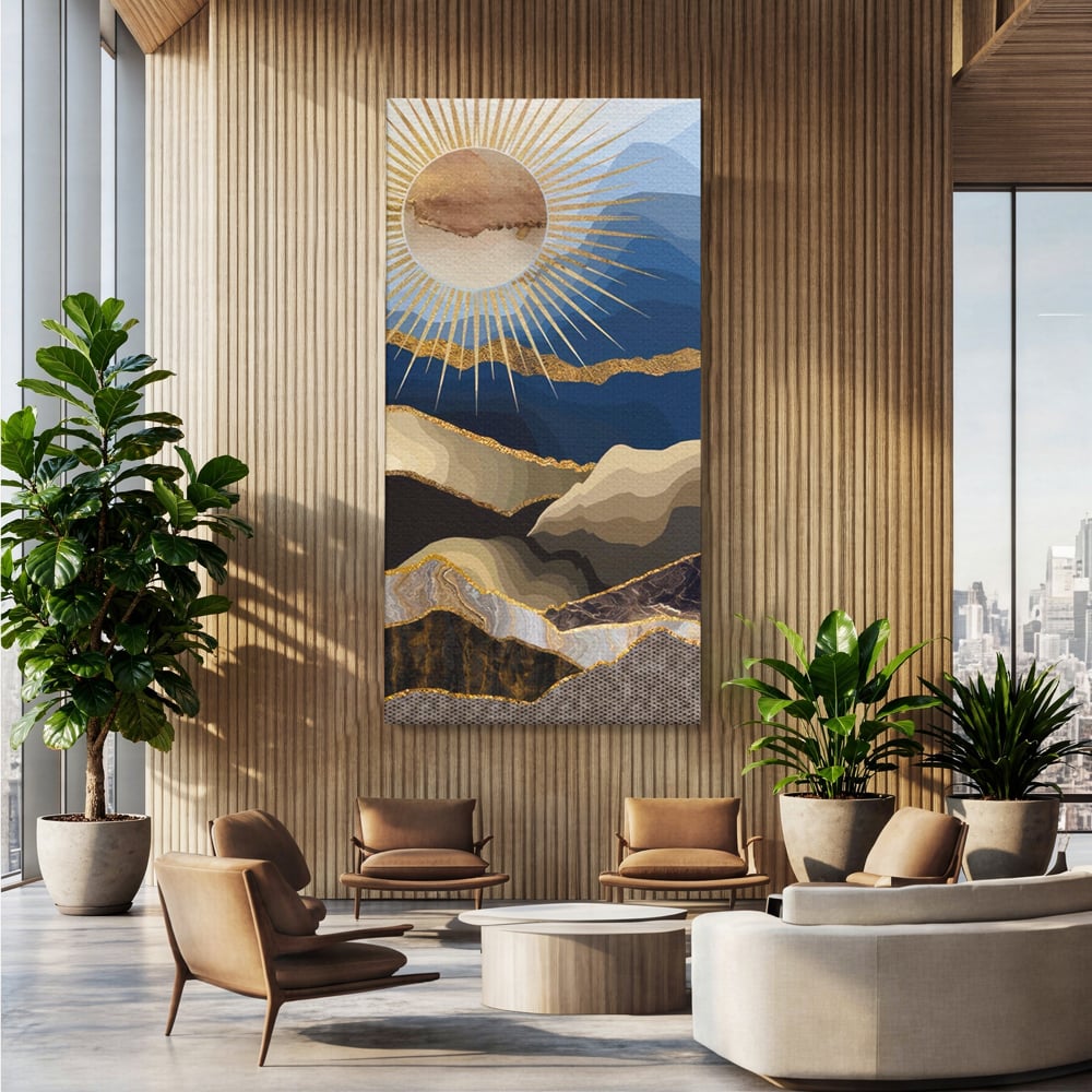 Tablou canvas cu tablou canvas cu peisaj montan, fara rama, pe sasiu de lemn, pe perete intr-un birou